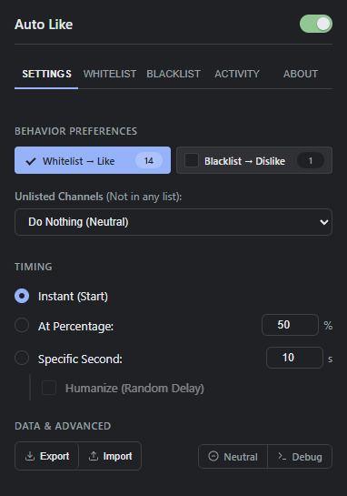 Settings tab